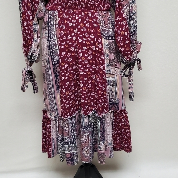 BOHO Anthropologie GiGiO USA Wine Floral Mixed Print Surplice V-neck Dress Small - Picture 11 of 14